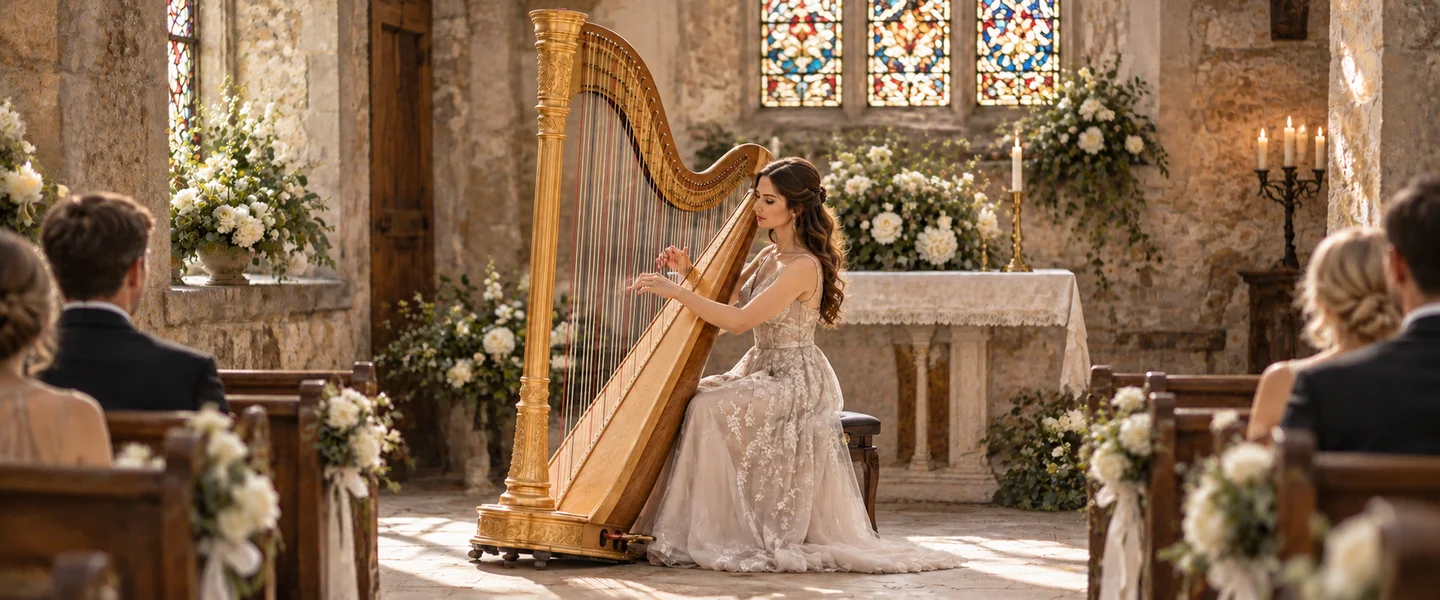 Female harpist performing at an intimate church wedding