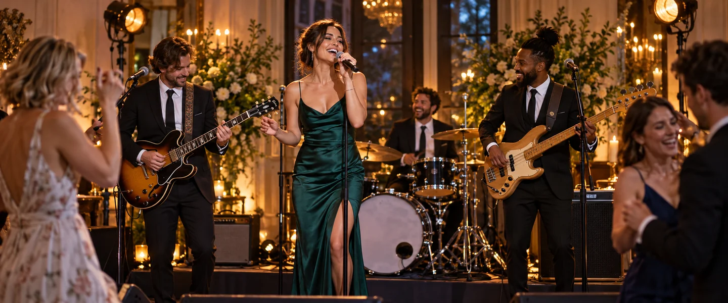 Professional party band performing at an elegant wedding reception